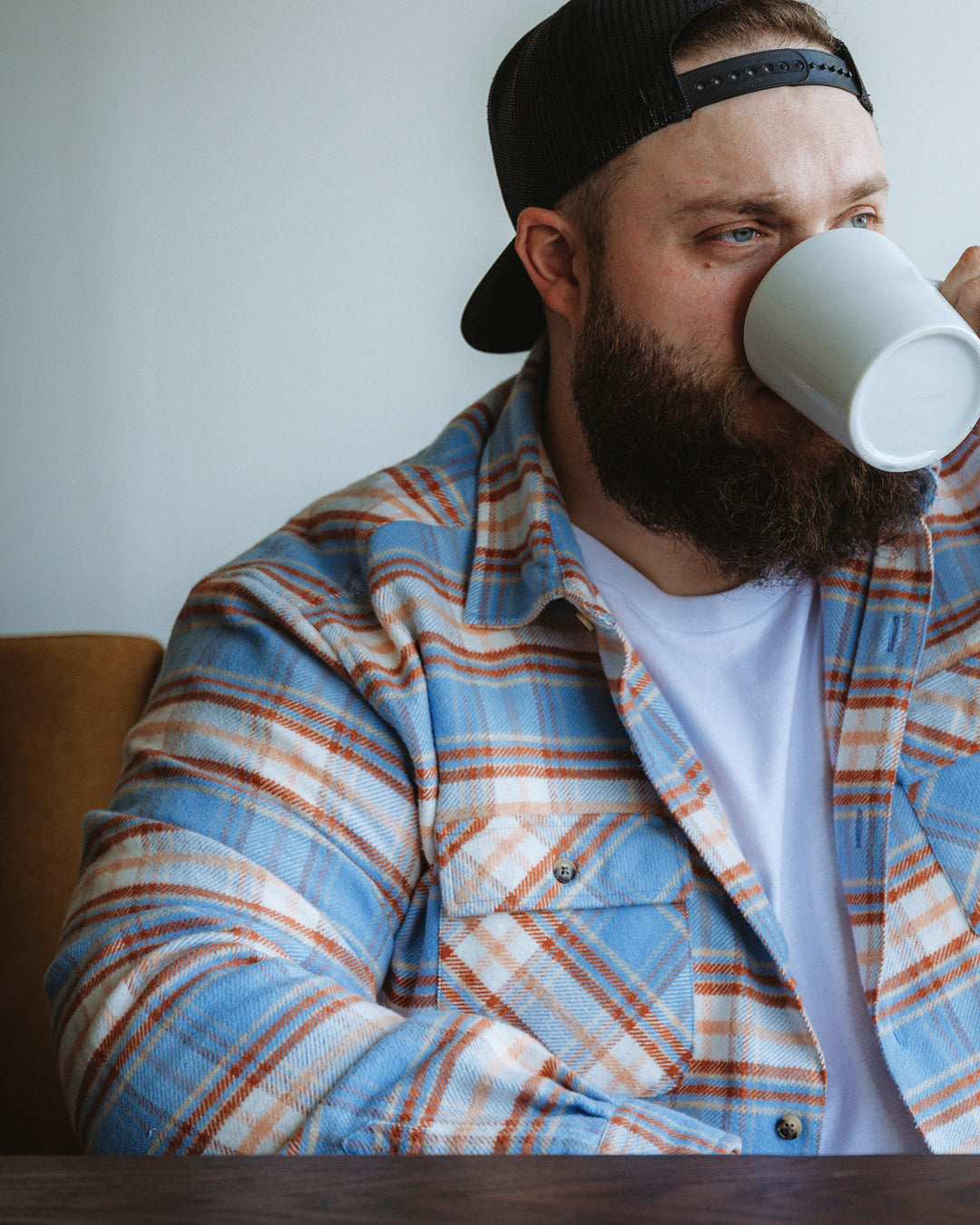 Relaxed Fitting Flannel Shirt for Men, 100% Heavyweight Cotton Shirt in Blue and Orange Plaid