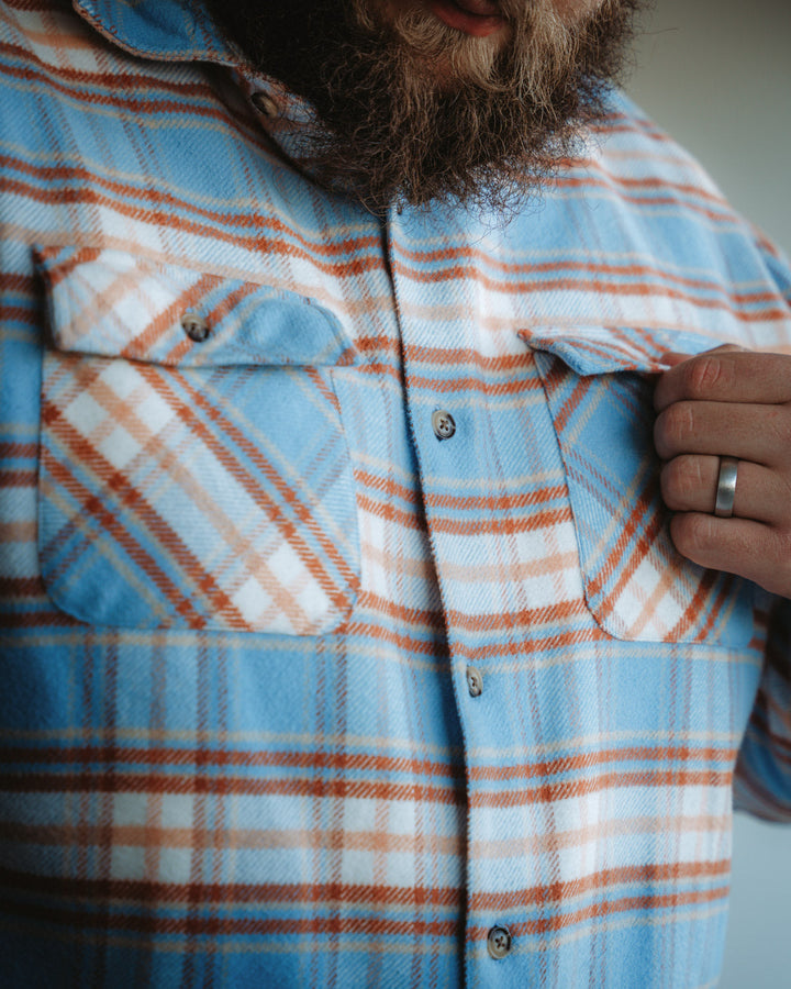 Relaxed Fitting Flannel Shirt for Men, 100% Heavyweight Cotton Shirt in Blue and Orange Plaid