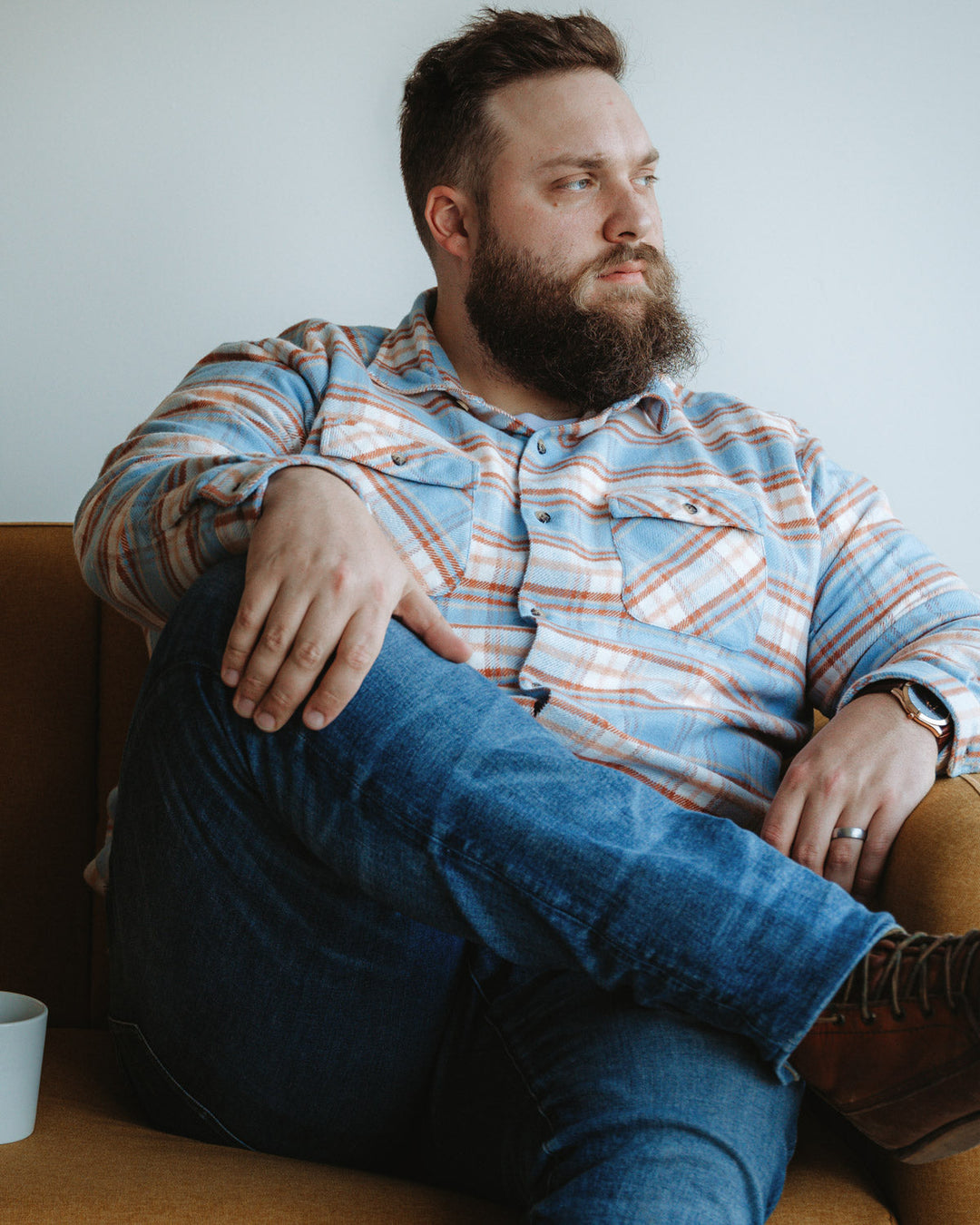 Relaxed Fitting Flannel Shirt for Men, 100% Heavyweight Cotton Shirt in Blue and Orange Plaid