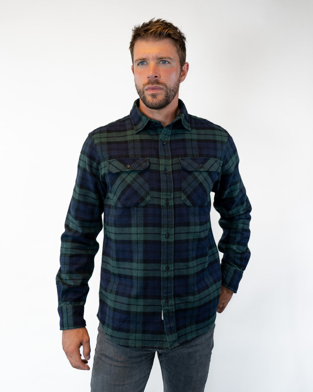 Field Grand Flannel in Blackwatch, Cotton Flannel For Men in Green and Navy