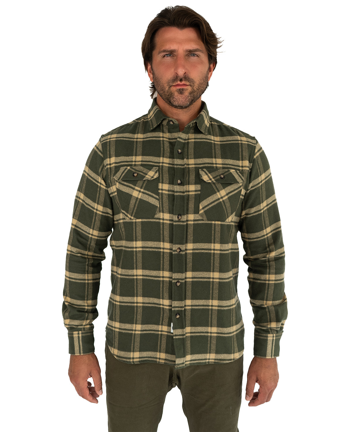 Mens olive green plaid hot sale shirt