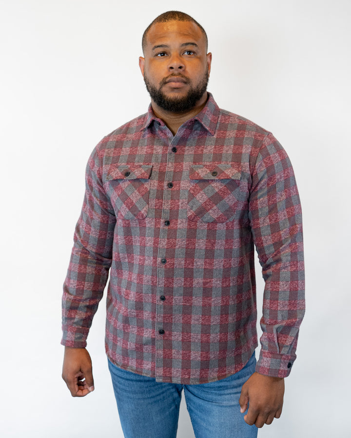 Relaxed Fitting Flannel for Men in Burgundy, 100% Cotton Heavyweight Flannel