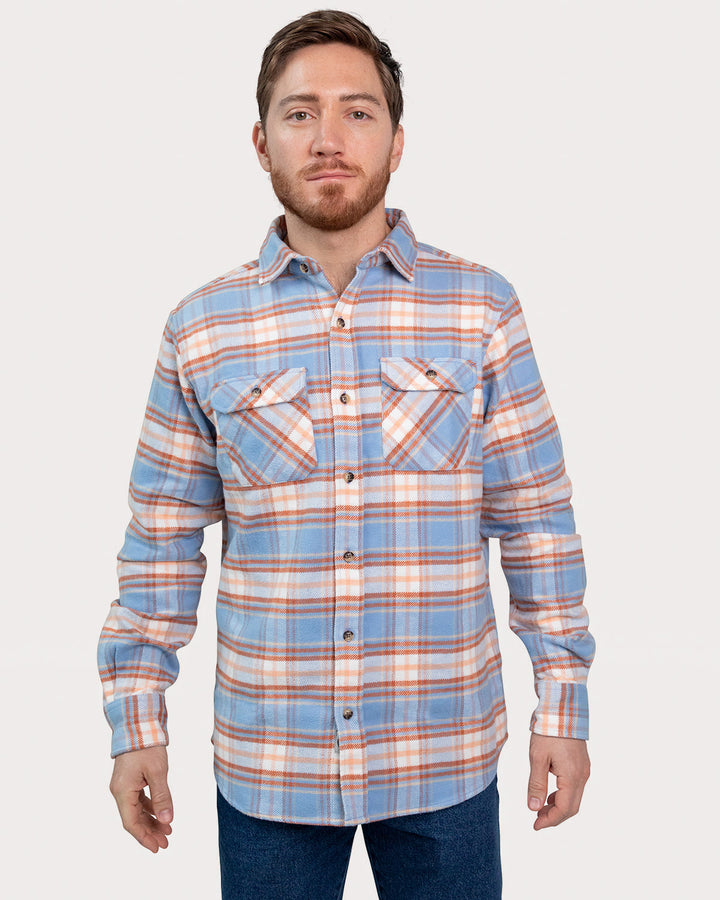 Grand Flannel Shirt for Men, 100% Cotton Heavyweight Flannel Shirt in Blue and Orange Plaid