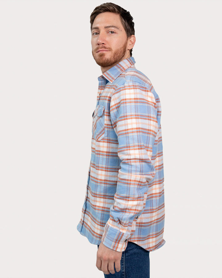 Grand Flannel Shirt for Men, 100% Cotton Heavyweight Flannel Shirt in Blue and Orange Plaid