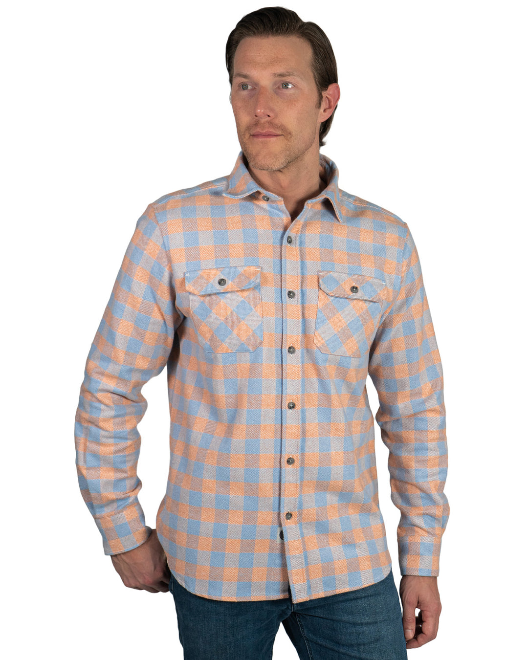 Mens Orange Blue & White Plaid Long Sleeve Button-Down Flannel Shirt X-Large