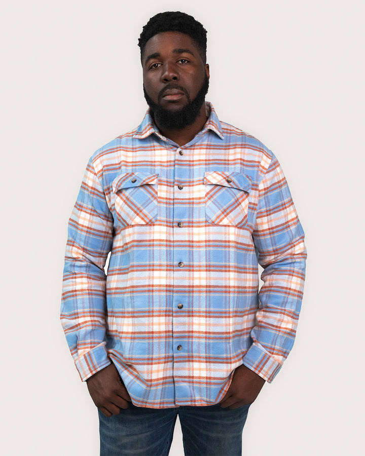 Relaxed Fitting Flannel Shirt for Men, 100% Heavyweight Cotton Shirt in Blue and Orange Plaid