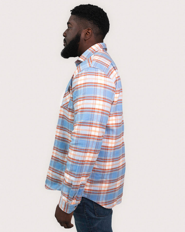 Relaxed Fitting Flannel Shirt for Men, 100% Heavyweight Cotton Shirt in Blue and Orange Plaid