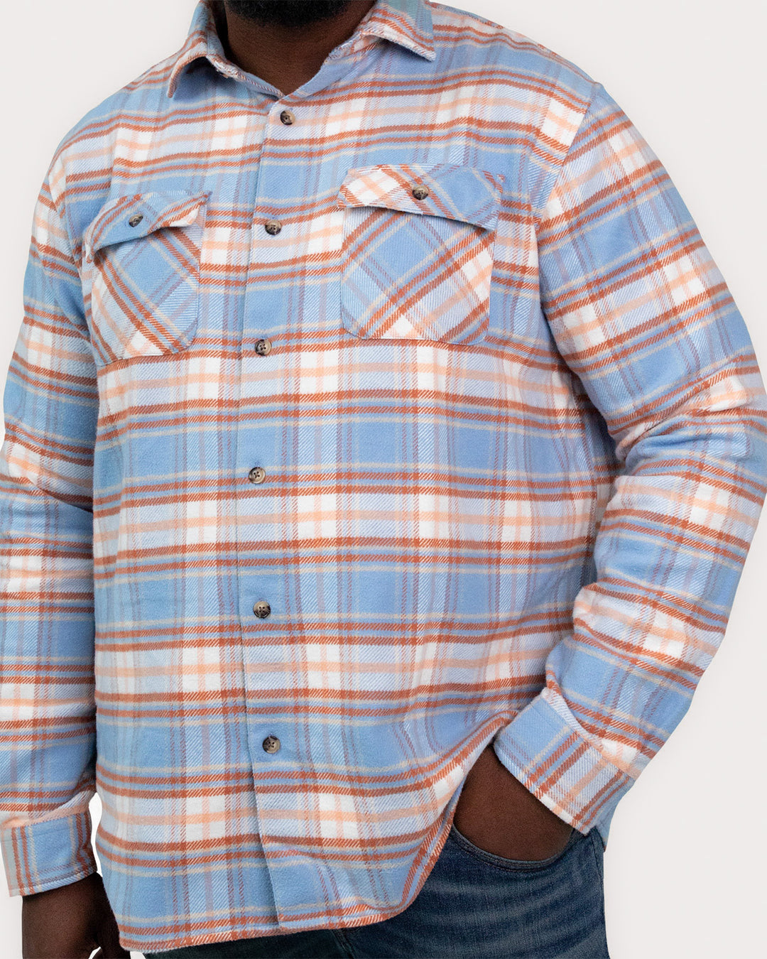 Relaxed Fitting Flannel Shirt for Men, 100% Heavyweight Cotton Shirt in Blue and Orange Plaid