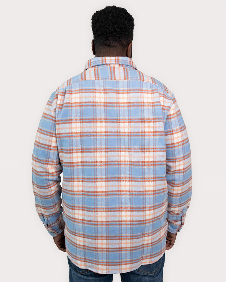 Relaxed Fitting Flannel Shirt for Men, 100% Heavyweight Cotton Shirt in Blue and Orange Plaid