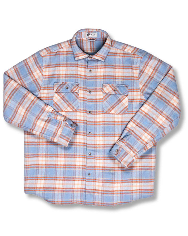 Relaxed Fitting Flannel Shirt for Men, 100% Heavyweight Cotton Shirt in Blue and Orange Plaid