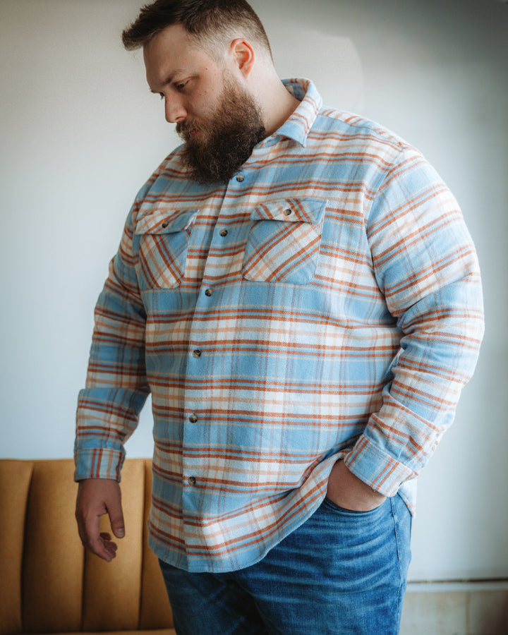 Relaxed Fitting Flannel Shirt for Men, 100% Heavyweight Cotton Shirt in Blue and Orange Plaid